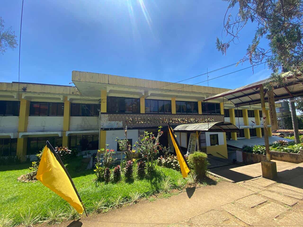 College building with yellow pillars and large windows under a clear blue sky, surrounded by green plants and a yellow flag waving near the entrance